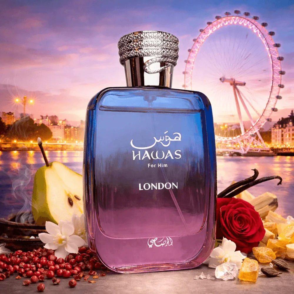 Rasasi Hawas London Eau de Parfum for Men 100ml, Spicy Pear Floral Vanilla Oriental Woody Long Lasting Mens Perfume Spray