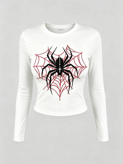 American Spider Red Spider Web Print Long-Sleeved T-Shirt for Women - Round Neck Tight Short Sleeve Low-Waist Stretch T-Shirt