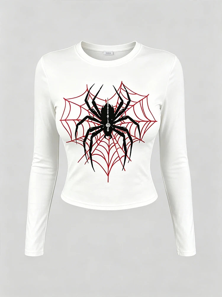 American Spider Red Spider Web Print Long-Sleeved T-Shirt for Women - Round Neck Tight Short Sleeve Low-Waist Stretch T-Shirt