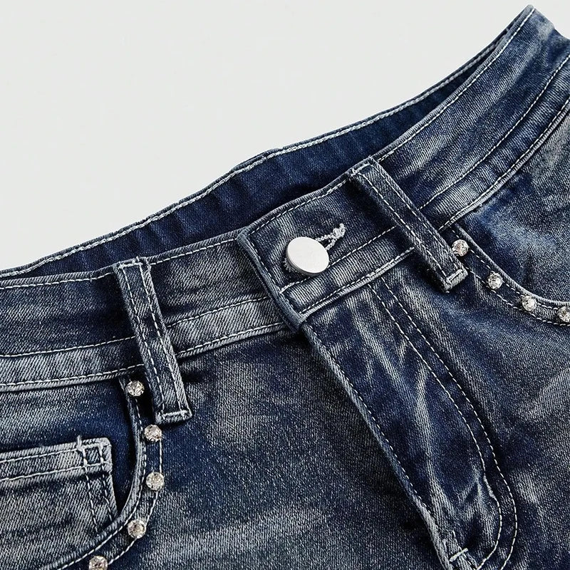 Summer Vintage Y2K Punk Rhineston Embroidered Denim Shorts Women Jeans Holiday Sexy Low Waist Distressed American Retro Hot Pant