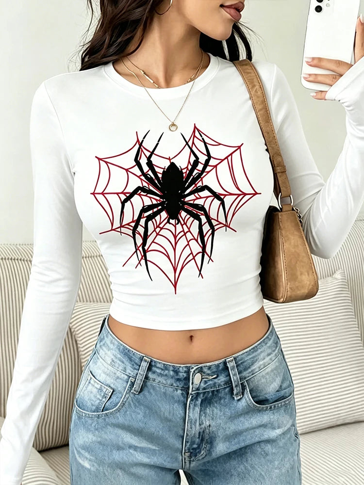 American Spider Red Spider Web Print Long-Sleeved T-Shirt for Women - Round Neck Tight Short Sleeve Low-Waist Stretch T-Shirt