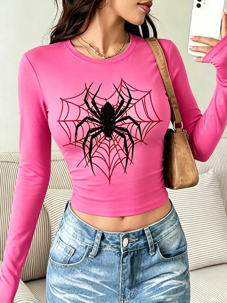 American Spider Red Spider Web Print Long-Sleeved T-Shirt for Women - Round Neck Tight Short Sleeve Low-Waist Stretch T-Shirt