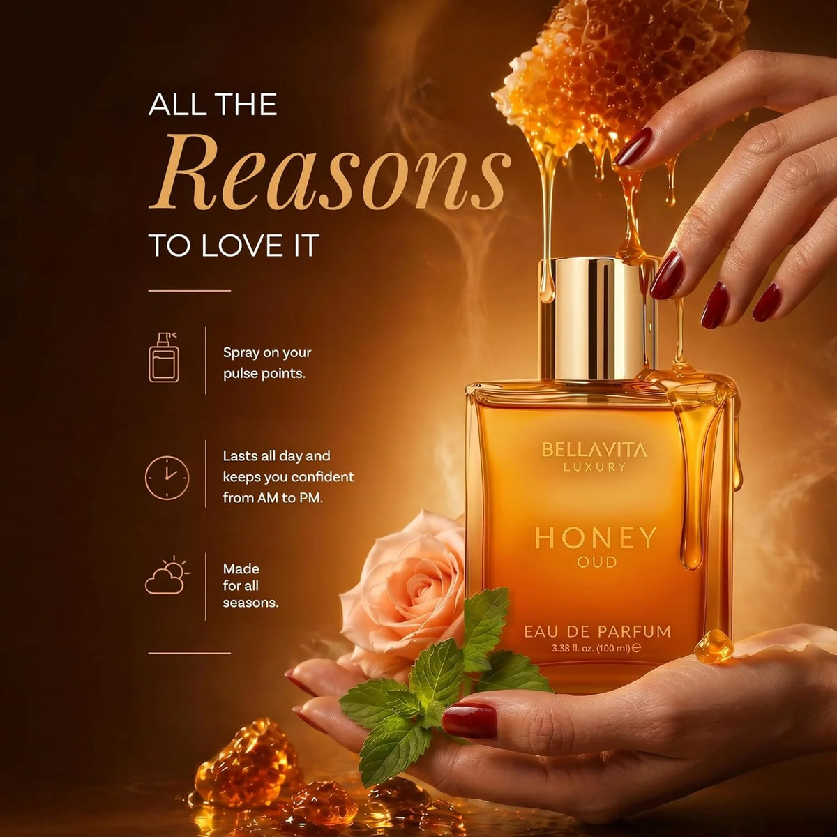 Bellavita Luxury G.O.A.T. and Honey Oud & DATE Woman Eau De Parfum 100 ml, - Honey Perfume for Women & Cologne for Men, Floral Fruity Perfume, Pink Pepper, Red Fruits, Jasmine & Vanilla Notes – Long Lasting Womens Fragrance Long Lasting Arabic Fragrance