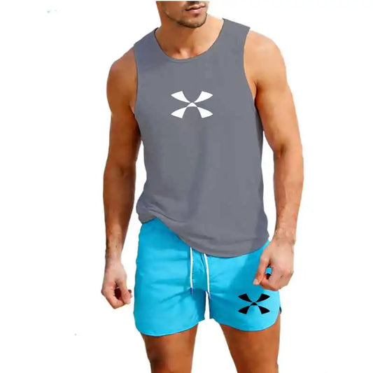 Outdoor Jogging Sportswear Men's Vest+Shorts 2-Piece Summer Casual Fashion Trend Set Beach Surfing Men's Suit European size