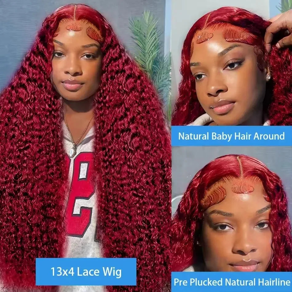 36 38 Inch Burgundy 13x6 hd Lace Frontal Wig Water Wave Curly 13x4 Red Remy Human Hair Brazilian 99J Colored Hair Wigs for Women