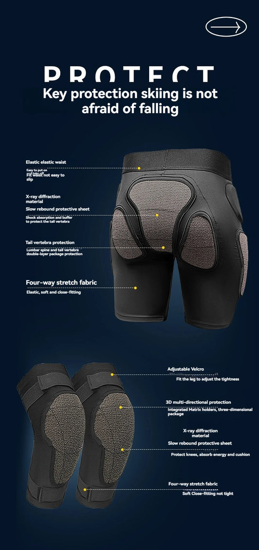 Unisex Ski Snowboarding Protective Gear Set Crash Pants Hip Knee Pads Lightweight Polyester Spandex Base Layer for Winter Sports