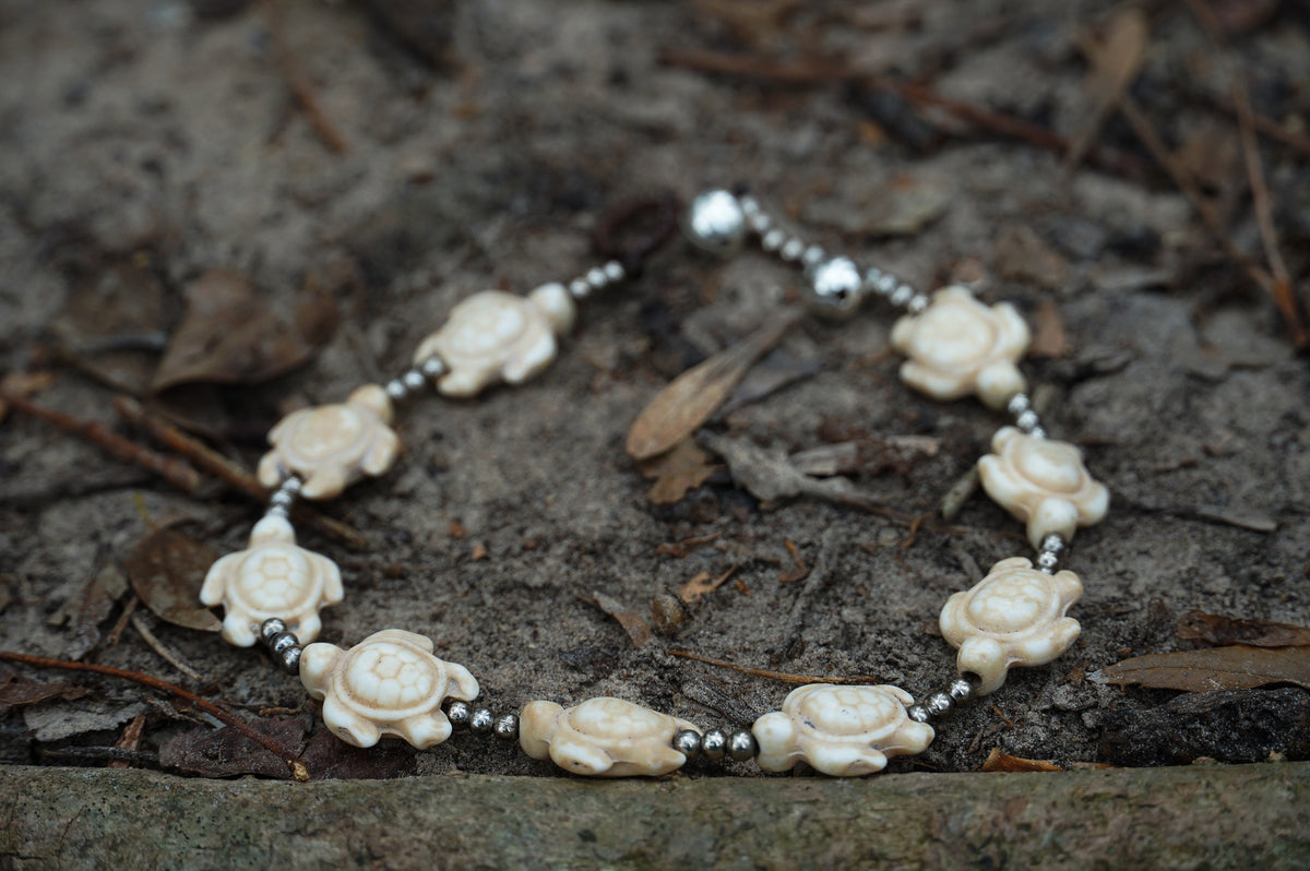 White Turtle Boho Silver Anklet
