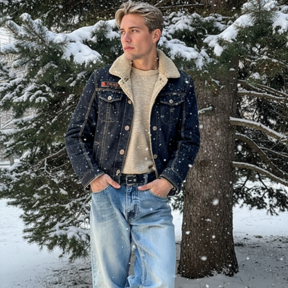 Mens Denim Jean Jacket in Black with Inner Faux Fur