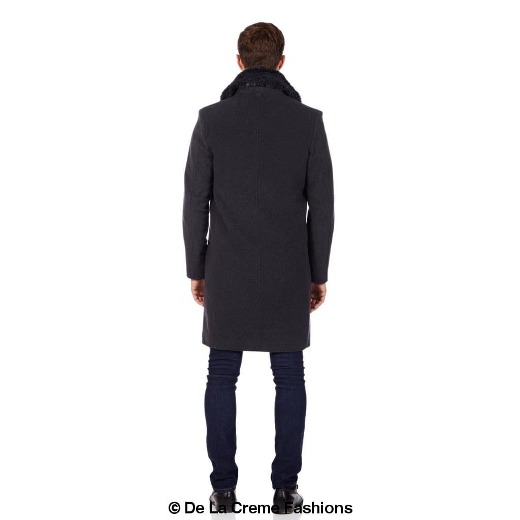 Mens Double Breasted Overcoat With Faux Fur Collar