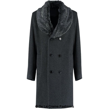 Mens Double Breasted Overcoat With Faux Fur Collar