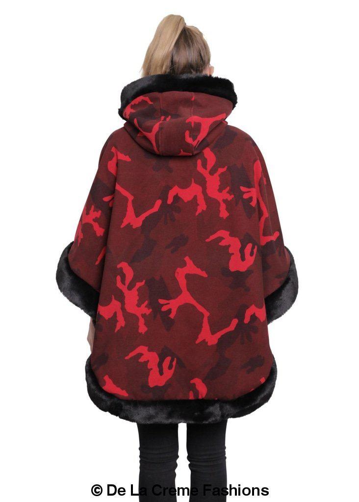 De La Creme - Women's Camo Print Fur Trim Hooded Cape