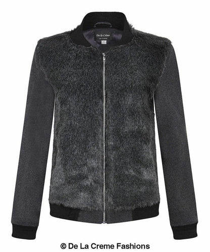 De La Creme - Womens Faux Fur Zip-Thru Varsity Bomber Jacket