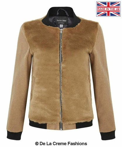 De La Creme - Womens Faux Fur Zip-Thru Varsity Bomber Jacket