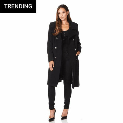 Faux Wool Blend Double Breasted Midi Coat