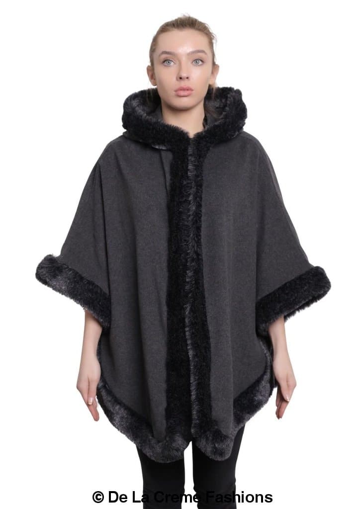 De La Creme - Womens Wool & Cashmere Blend Fur Lined Hooded Cape