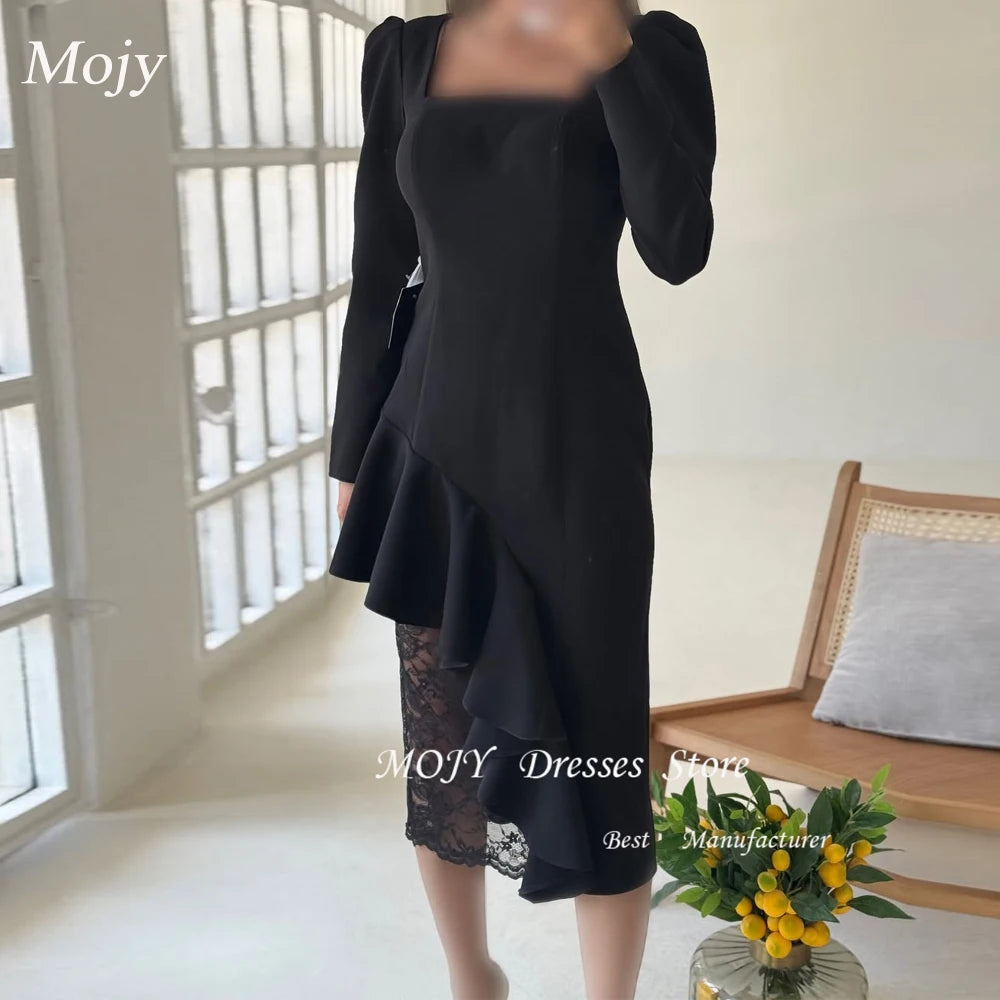Mojy Customized Black Straight Prom Dresses Tea-Length Square Collar Full Sleeve Evening Gown Simple Fashion Lace Party Gown