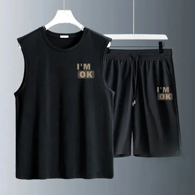 Men's Fashion Breathable Fitness Basketball Sports Quick-Drying 2-Piece Set, Sleeveless T-Shirt & Jogging Shorts