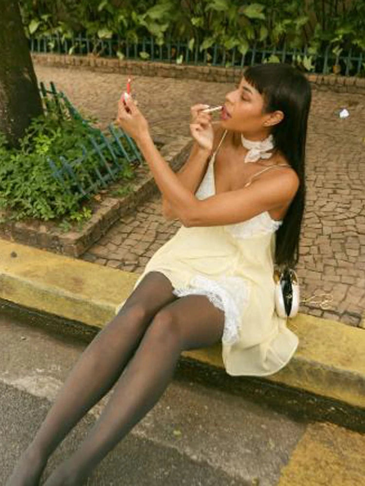 Yellow Satin Lace Patchwork Dress Women Casual Solid Spaghetti Strap Backless Long Dresses 2026 Summer Lady Holiday Vestido New