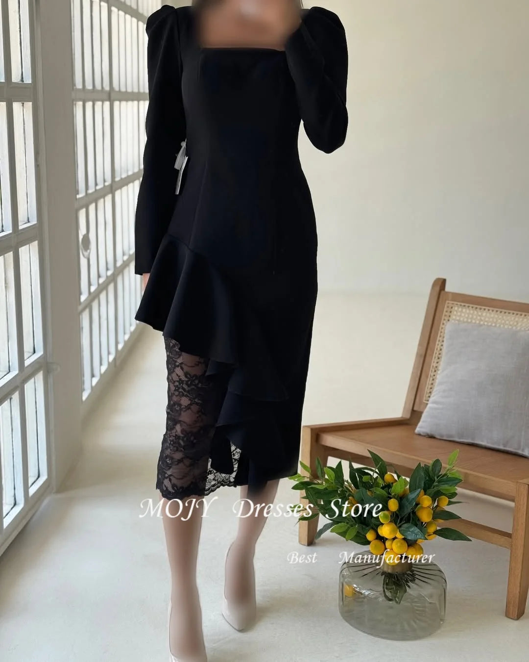Mojy Customized Black Straight Prom Dresses Tea-Length Square Collar Full Sleeve Evening Gown Simple Fashion Lace Party Gown
