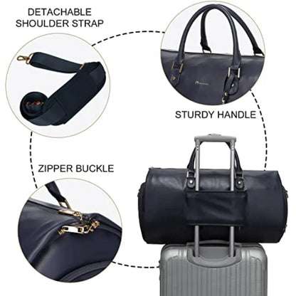Women Convertible Leather Garment Bag with Shoulder Strap, PU Leather Garment Duffel Bag Carry on 2 in 1 Hanging Suitcase Suit