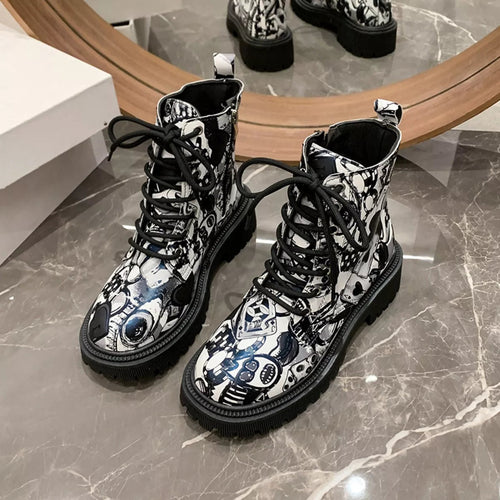 Graffiti Print Combat Boots : Colorful Street Art Design