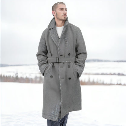Fall Winter Men Mid-length Woolen Plaid Double Breasted Cotton Padded