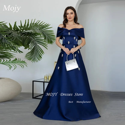 Mojy Royal Blue Off Shoulder luxurious women's Evening Dresses With Beads 2025 Aline Women Dubai Party Long Dress Customized