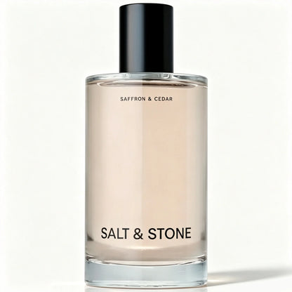 Long-Lasting Saffron & Cedar Unisex Perfume: Salt & Stone, Warm Woody Spicy Scent, Tall Clear Glass Bottle with Matte Black Cap, Minimalist Fragrance for Men and Women, 100ml