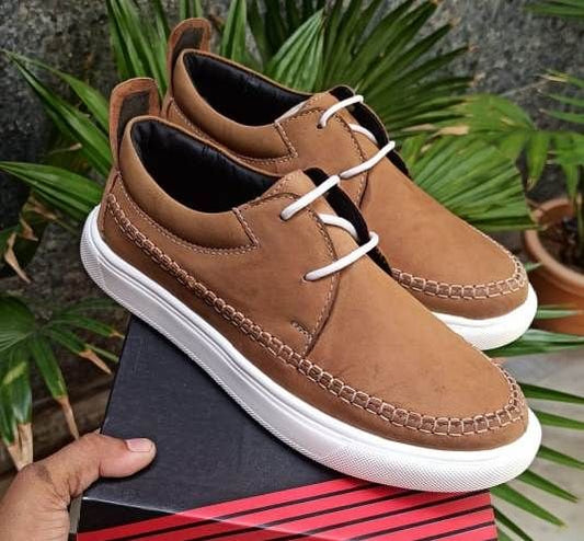 Nubuck Leather Classic Sneakers For Men (Size-UK9)(Color-BROWN)