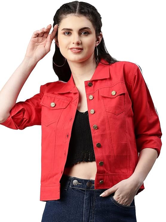 Versatile Stipped Sleeves Denim Jacket for Women & Girls - Flattering