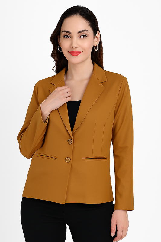 Women's Mustard Blazer – Formal Notched Lapel, Two-Button Closure-L