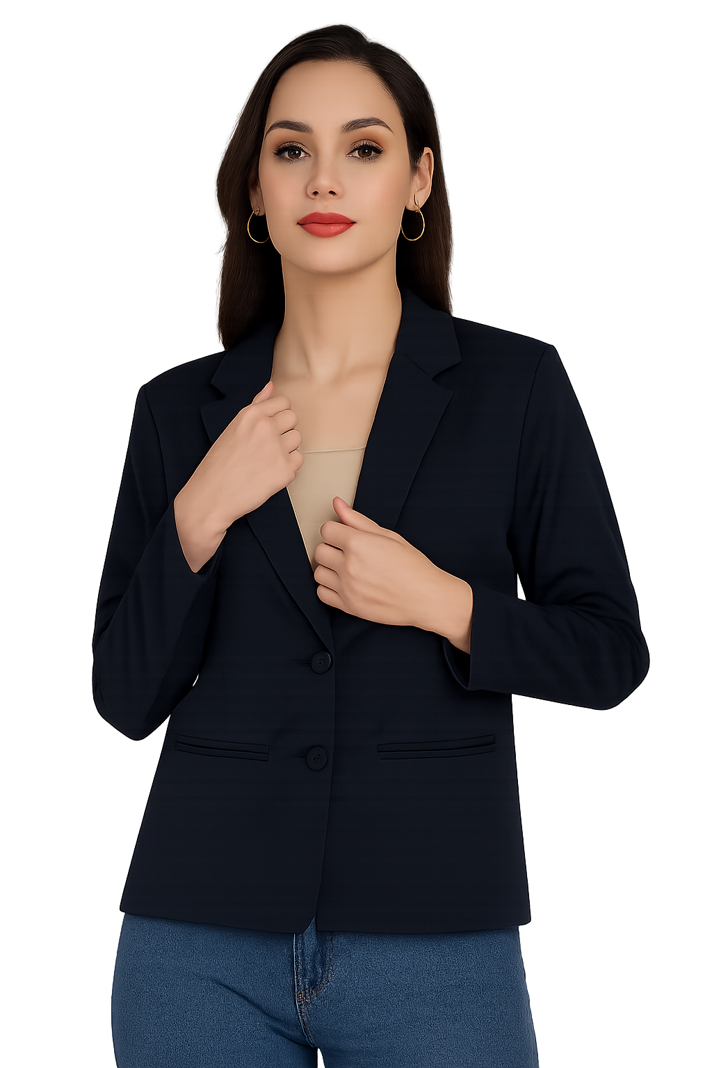 Women's Navy Blue Blazer – Formal Notched Lapel, Two-Button Closure-S