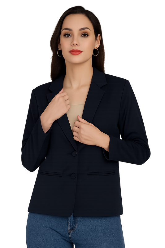Women's Navy Blue Blazer – Formal Notched Lapel, Two-Button Closure-S