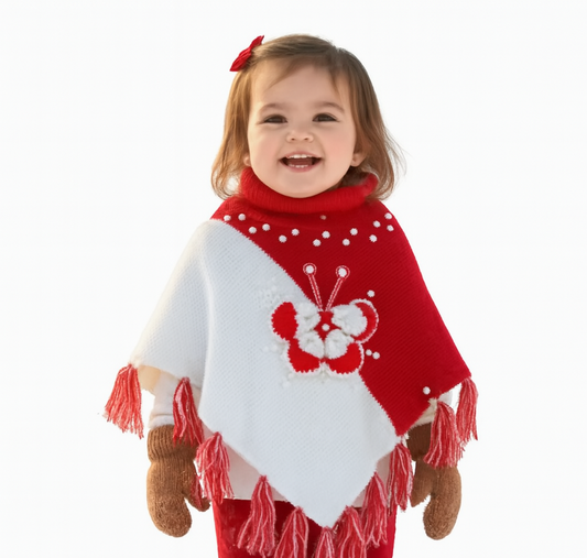 Women & Girls Poncho for winters | Beautiful design poncho-Red & White