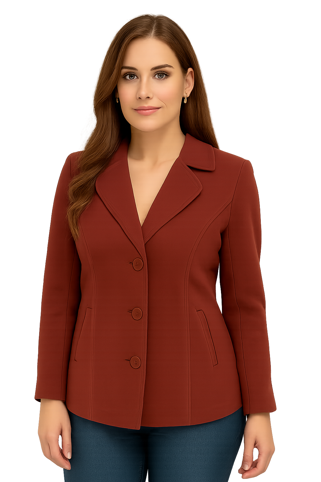 Women's Brick Red Blazer – Slim Fit with Triple Button Closure-XL