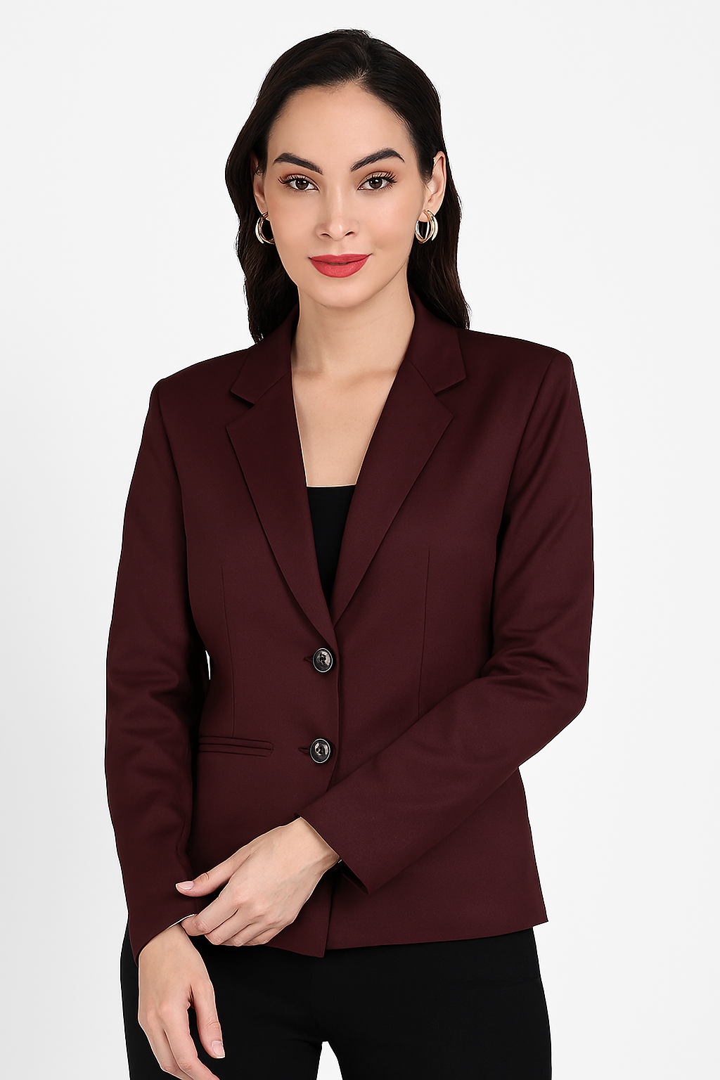 Women's Maroon Blazer – Formal Notched Lapel, Two-Button Closure-M