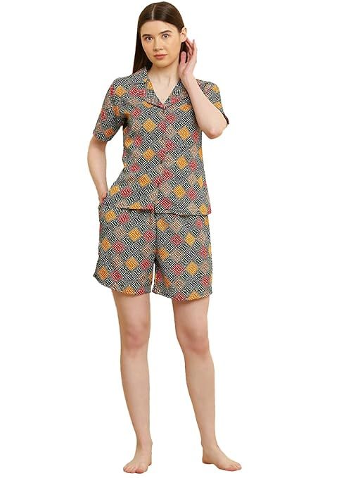 Women Night Suit Set Blue Printed (Size-M) (Color-MULTICOLOR)