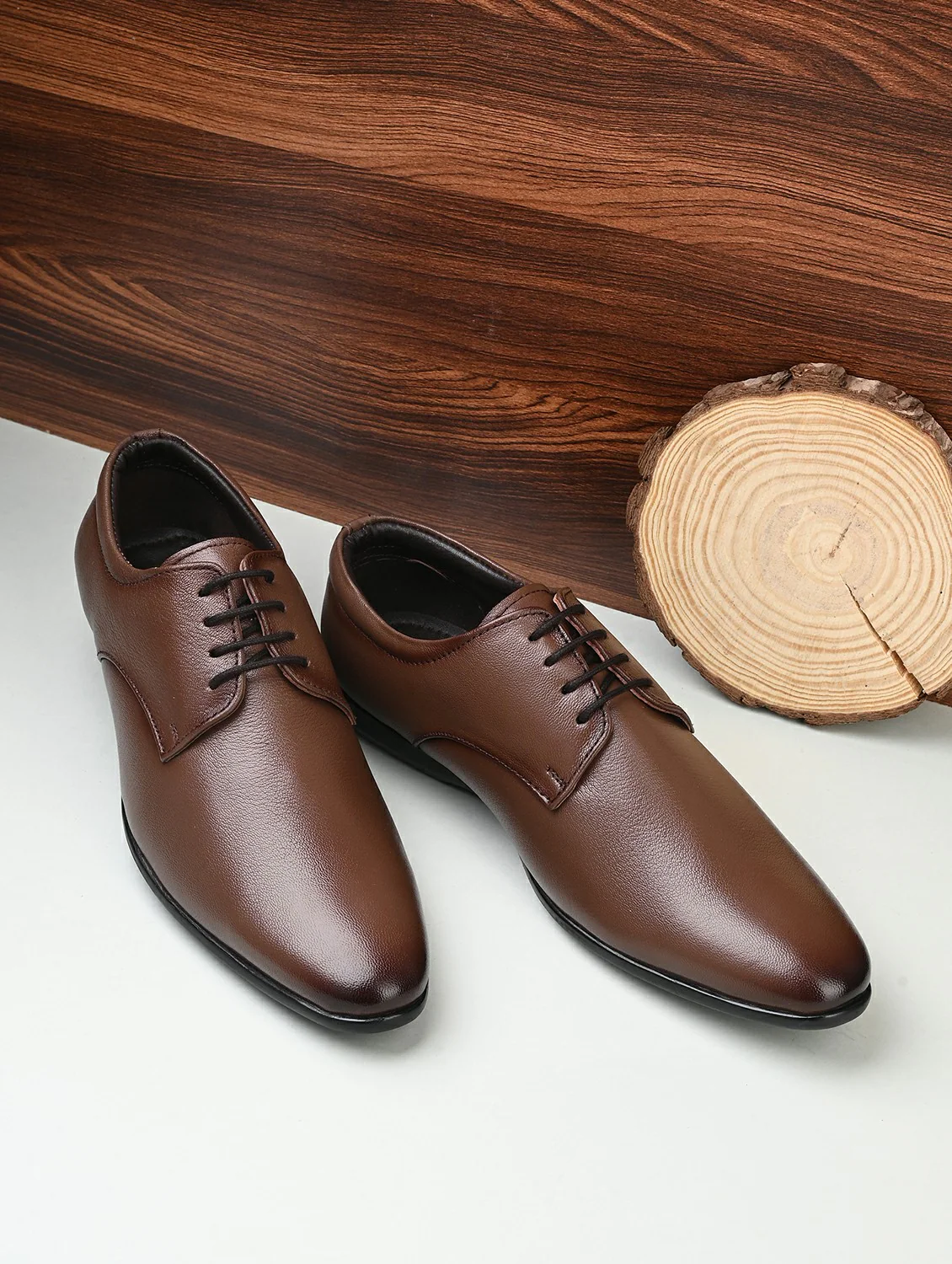 Tan Lace-Up Laser Cut Work Derby Shoes (Size-UK-6) (Color-DARK BROWN)