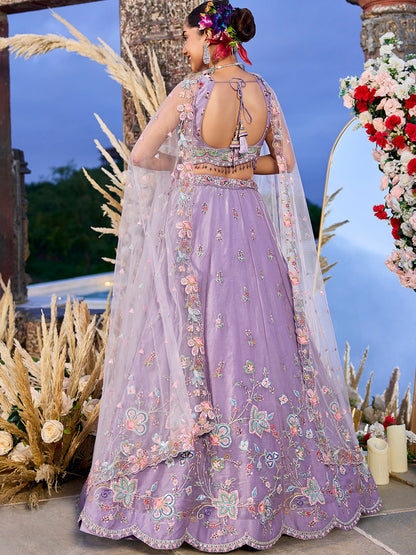 Lavender Satin Silk Sequin & Embroidery Lehenga Choli with Net Dupatta