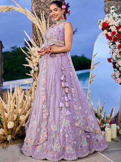 Lavender Satin Silk Sequin & Embroidery Lehenga Choli with Net Dupatta