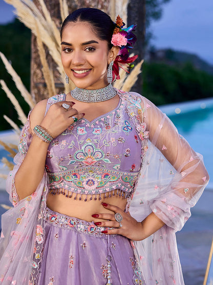 Lavender Satin Silk Sequin & Embroidery Lehenga Choli with Net Dupatta