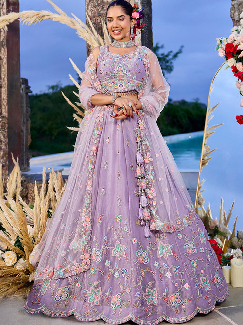 Lavender Satin Silk Sequin & Embroidery Lehenga Choli with Net Dupatta