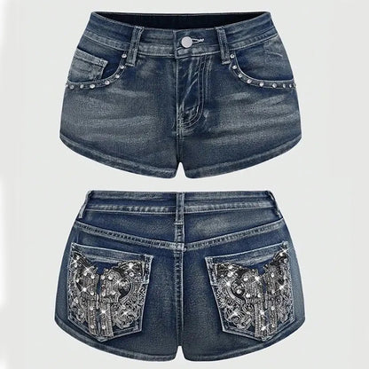 Summer Vintage Y2K Punk Rhineston Embroidered Denim Shorts Women Jeans Holiday Sexy Low Waist Distressed American Retro Hot Pant