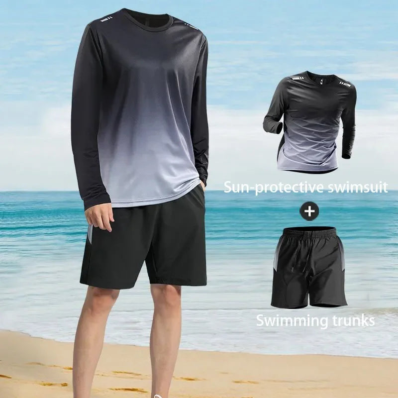 Men's Sun-Protective Quick-Drying Long-Sleeve Swimsuit Set with Long Pants Sports Fitness Running Outfit 1/2/3 Piece Options