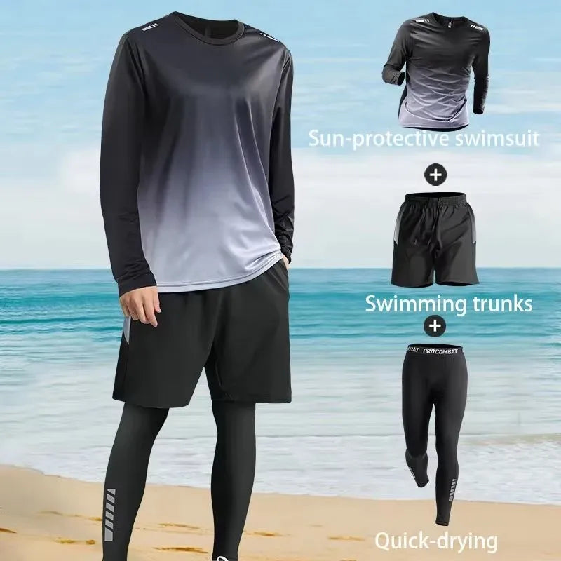 Men's Sun-Protective Quick-Drying Long-Sleeve Swimsuit Set with Long Pants Sports Fitness Running Outfit 1/2/3 Piece Options