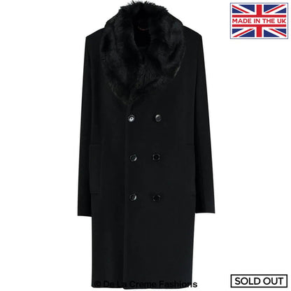 Mens Double Breasted Overcoat With Faux Fur Collar