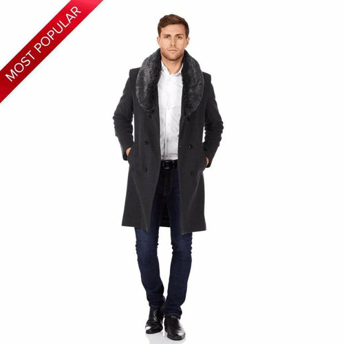 Mens Double Breasted Overcoat With Faux Fur Collar